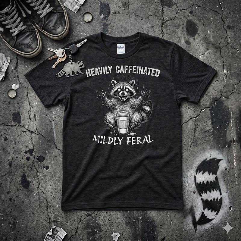 Funny Raccoon Coffee T-Shirt | Heavily Caffeinated, Mildly Feral Graphic Tee | Gift for Coffee Lovers, Night Shift Workers