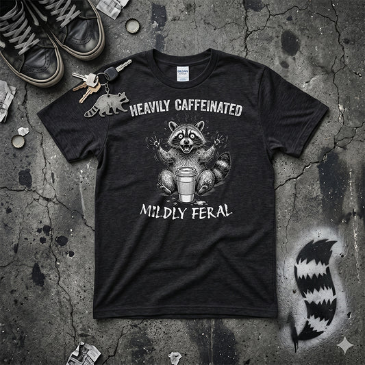 Funny Raccoon Coffee T-Shirt | Heavily Caffeinated, Mildly Feral Graphic Tee | Gift for Coffee Lovers, Night Shift Workers