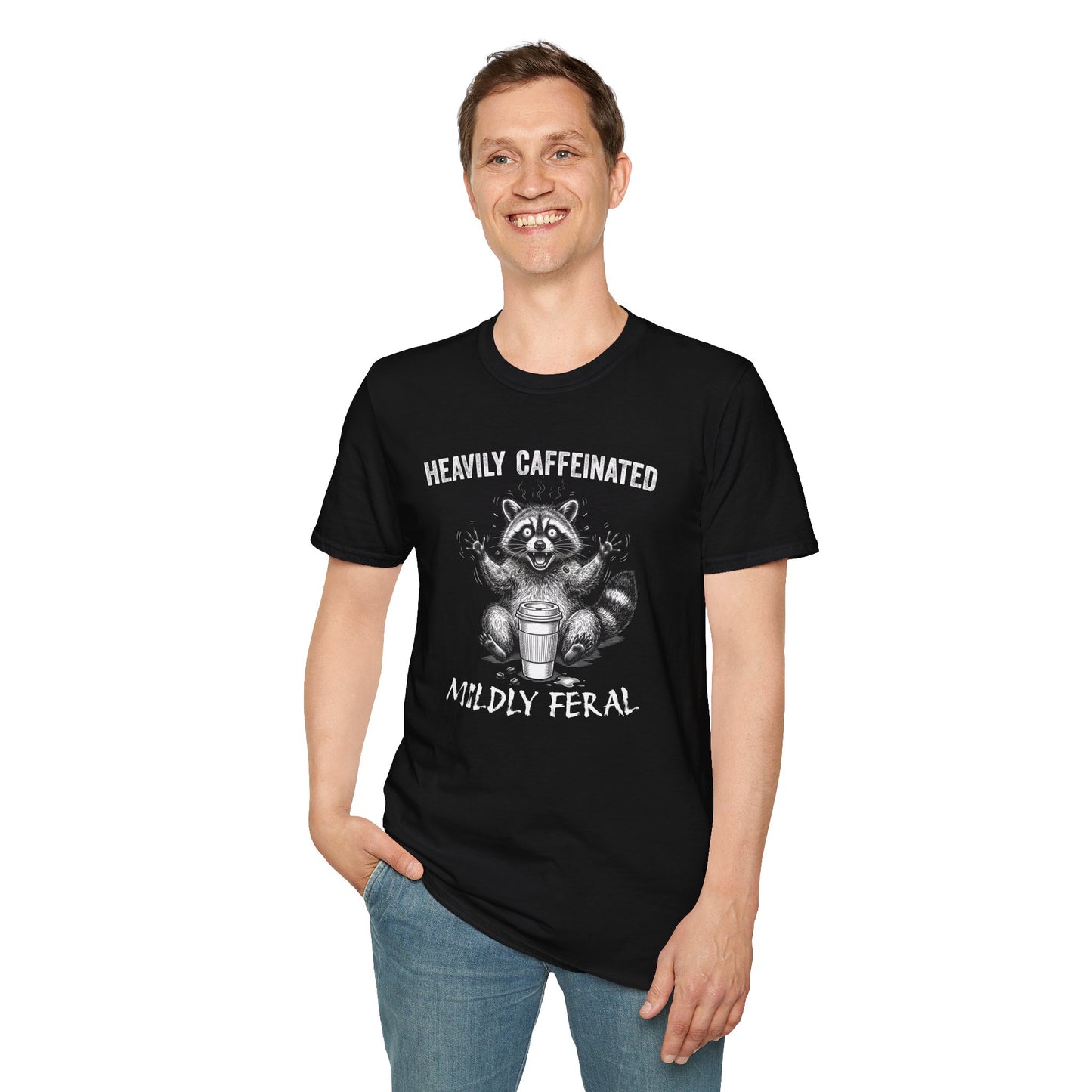 Funny Raccoon Coffee T-Shirt | Heavily Caffeinated, Mildly Feral Graphic Tee | Gift for Coffee Lovers, Night Shift Workers